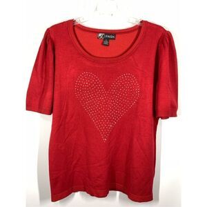 80 Park Women's Rhinestone Heart Short Sleeve Blouse Red Size XL